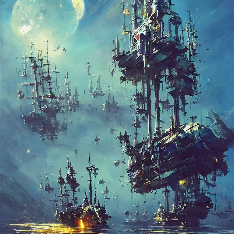 Image similar to pirate ship in space, sci-fi concept art, by * Simon Stålenhag, by John Berkey, highly detailed