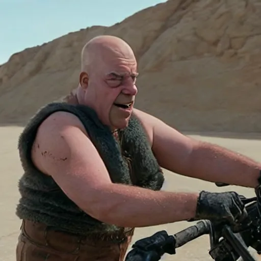 Prompt: A film Still of Homer Simpson in Mad Max Fury Road (2014)