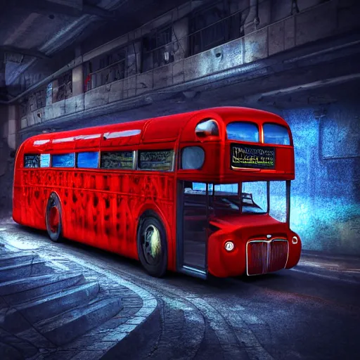 Prompt: mythical red organic biomechanical london bus. futuristic. blue blurry background. highly detailed, intricate steampunk ornate, poetic, 3 d render, digital art, octane render, 8 k artistic photography, photorealistic.