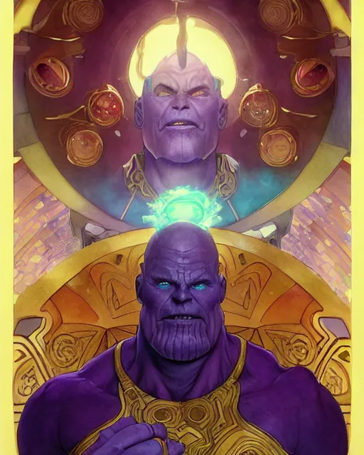 Image similar to thanos using the infinity stones to summon fried eggs, highly detailed, gold filigree, romantic storybook fantasy, soft cinematic lighting, award, disney concept art watercolor illustration by mandy jurgens and alphonse mucha and alena aenami, pastel color palette, featured on artstation