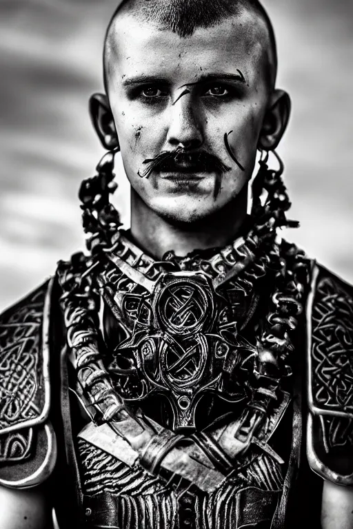 Prompt: a cinematic view of wide bw photo from a very ornated old millie bobby brown viking, shaved haircut, mexican mustache, showing celtic tattoos in the head, using leather armour with necklace of bones, naughty expression, photorealistic, volummetric light, depth of field, detailed, texturized, zeiss lens high professional mode