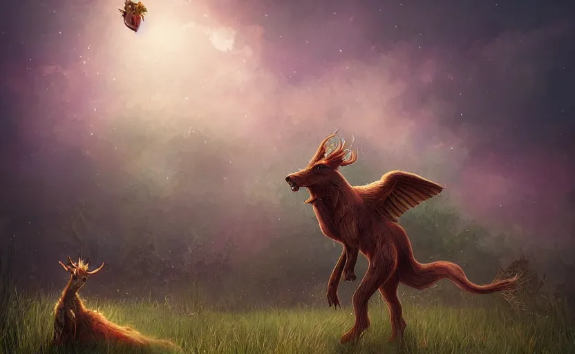 Image similar to a whimsical magical creature in a field, beautiful, cool dynamic lighting, atmospheric, cinematic, highly detailed digital art, painted by scott musgrove