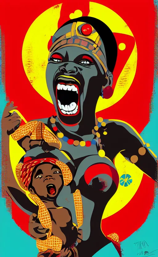 Image similar to mama africa laugh at her child!!! pop art, pixel, bioshock, gta chinatown, artgerm, richard hamilton, mimmo rottela, julian opie, aya takano, intricate