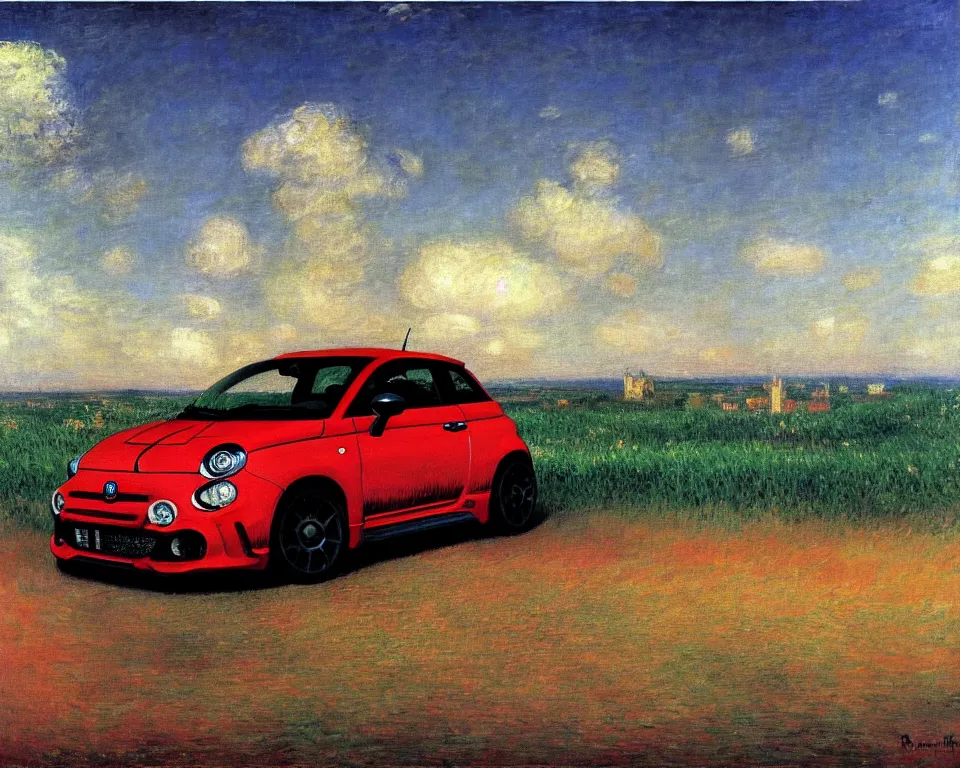 Image similar to achingly beautiful painting of a 2 0 1 3 fiat abarth by rene magritte, monet, and turner.