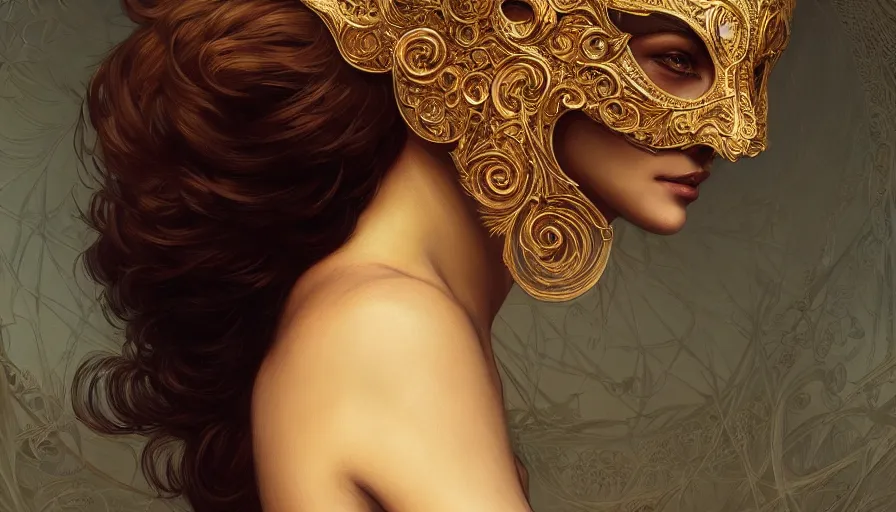 Image similar to masked, perfectly-centered-Portrait of the most beautiful woman on the planet , intricate, highly detailed, digital painting, artstation, concept art, smooth, sharp focus, illustration, Unreal Engine 5, 8K, art by artgerm and greg rutkowski and alphonse mucha