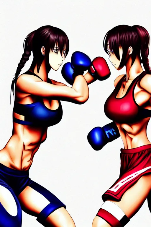 Prompt: two beautiful identical female fighters facing each other in the gym, dim lighting, gorgeous features, high definition, sharp focus, detailed digital anime art