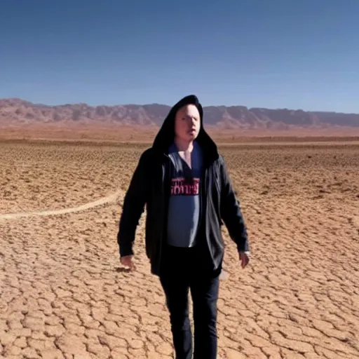 Image similar to elon musk as a hooded traveler in the desert