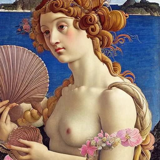 Image similar to an hyperrealistic mythological oil painting of venus with long curly brown hair, full body, wearing pink floral chiton, sing n a giant scallop shell, near the seashore, intricate lines, elegant, renaissance style, by sandro botticelli and william waterhouse