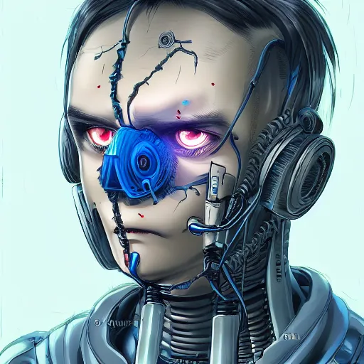 Image similar to Male cyborg, battle-damaged, scarred, wearing facemask, youthful face, bored expression, blue eyes, sterile background, head in profile, sci-fi, wires, cables, gadgets, Digital art, detailed, anime, artist Katsuhiro Otomo