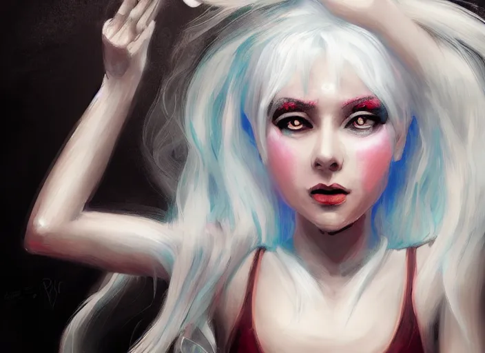 Prompt: girl with silk glowing white hair with glowing white stings coming out of her hands, she poses as a puppeteer with her hands infront of her concept art trending on artstation oilpaint portrait