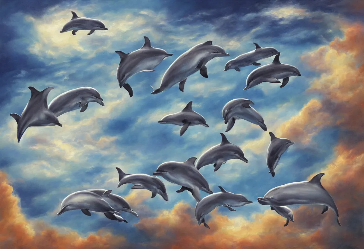 Image similar to family of dolphins flying through the clouds together science fiction painting