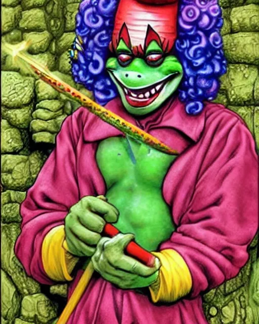 Image similar to clown frog king pulls the sword from the stone, clown frog king wearing clown makeup and rainbow wig, clown crown artwork by Glenn Fabry