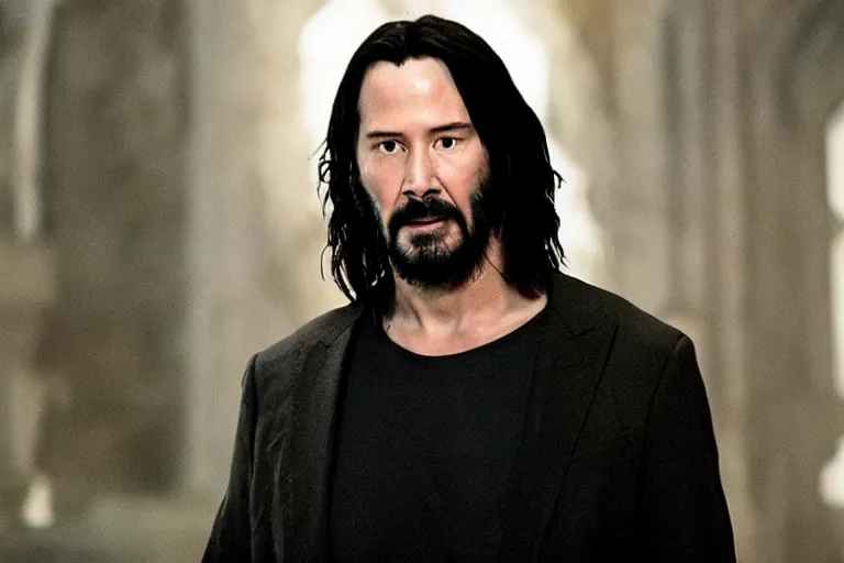 Prompt: promotional image of Keanu Reeves as Jesus Christ in the new movie directed by Christopher Nolan, movie still, promotional image, imax 70 mm footage