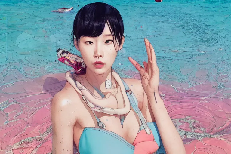 Prompt: lee jin - eun in astronaut dress emerging from turquoise water in egyptian pyramid by james jean, nicola samuri, conrad roset, m. k. kaluta, martine johanna, rule of thirds, seductive look, beautiful, cute face