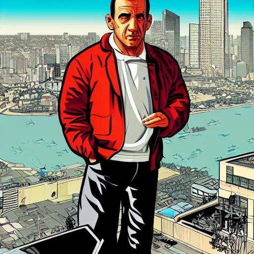 Image similar to portrait of Beny Gantz as a GTA v character. GTA v loading screen illustration by martin ansin, matt bors