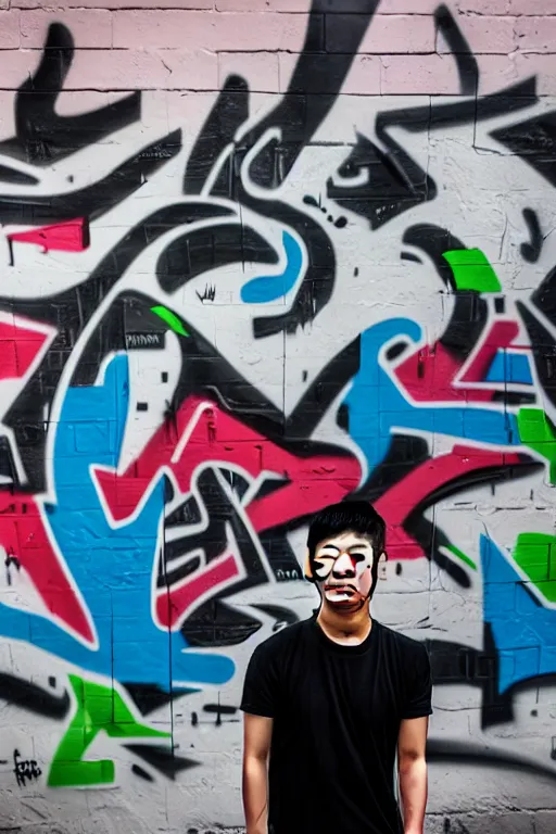 Image similar to asian guy with oni mask stand in front of wall with full of graffiti tag and mural, photorealistic, smooth, 4 k, aesthetic lighting, baroque object, facial features, hyperdetailed, professional photography, pullitzer winning, photo by : canon eos 5 d mark iv, by karah mew and adnan abidi and jodie bateman