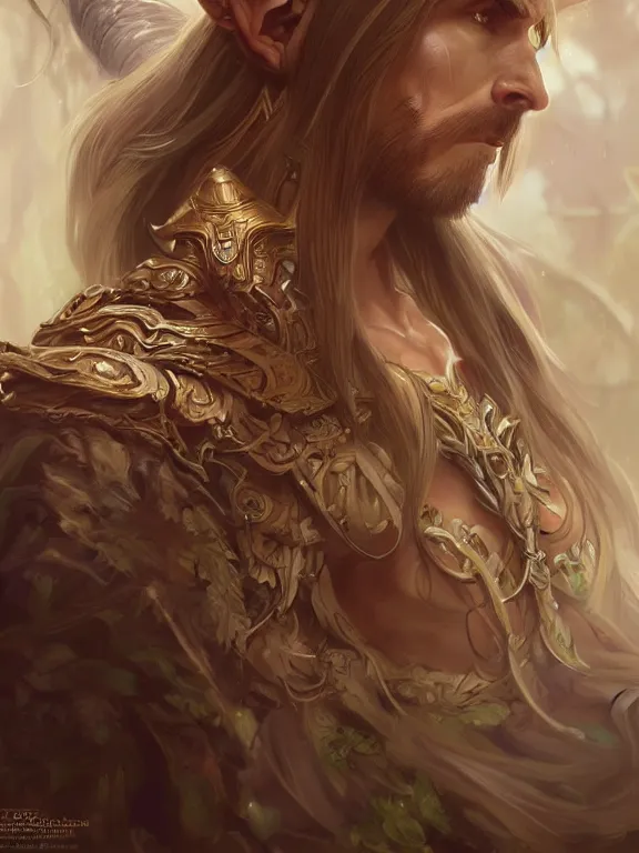 Image similar to male world of warcraft elven druid, fantasy, man, intricate, elegant, highly detailed, digital painting, artstation, concept art, wallpaper, smooth, sharp focus, illustration, art by artgerm and greg rutkowski and alphonse mucha