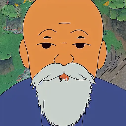 Image similar to bald man with a bright orange beard by studio ghibli, hayao miyazaki