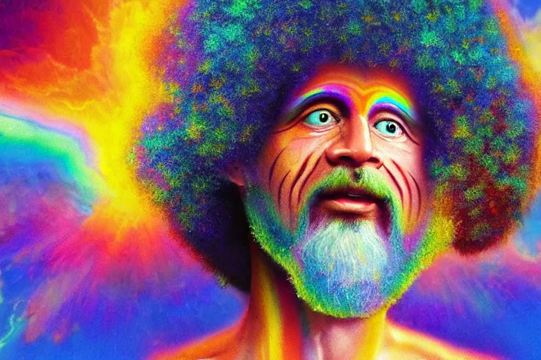 Prompt: google satellite view of a god transubstantiating into a human being, highly detailed, realistic, illustrated by bob ross and lisa frank