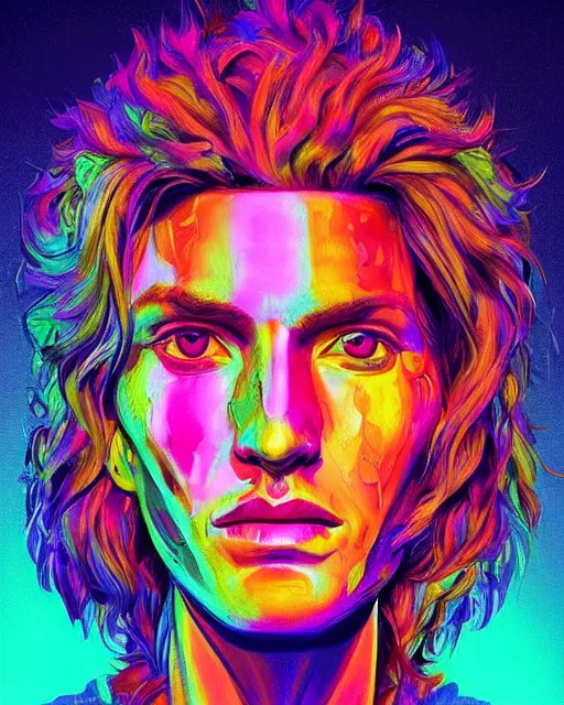 Image similar to colorful bust portrait of a hippie from the future, set in the future 2 1 5 0 | highly detailed face | very intricate | symmetrical | professional model | cinematic lighting | award - winning | painted by mandy jurgens | pan futurism, dystopian, bold colors, cyberpunk, groovy vibe, anime aesthestic | featured on artstation