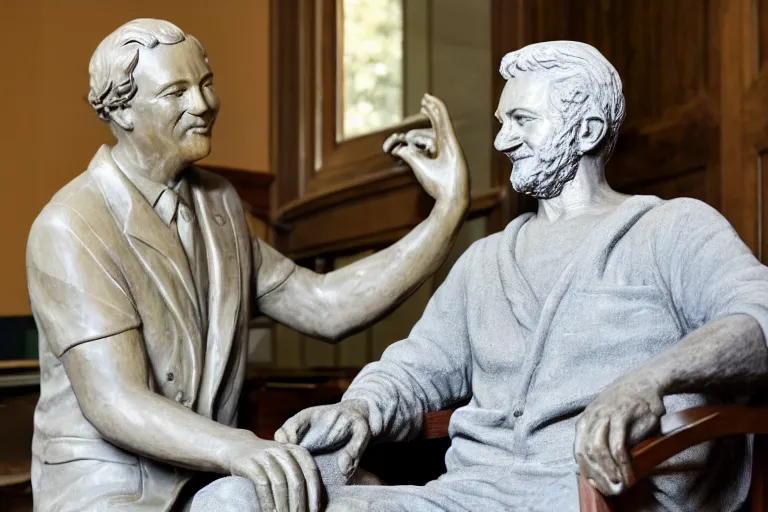 Image similar to a man who is sitting upright in a chair is touching a completed statue