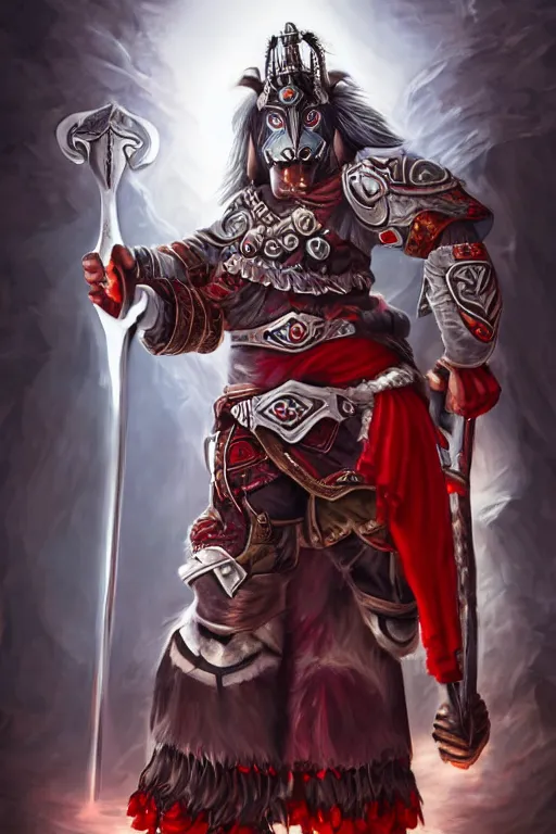 Image similar to a tauren warrior colaked in white with swords, standing in light beam of a dark cave, ruby red sorrow, high quality, ultra detail