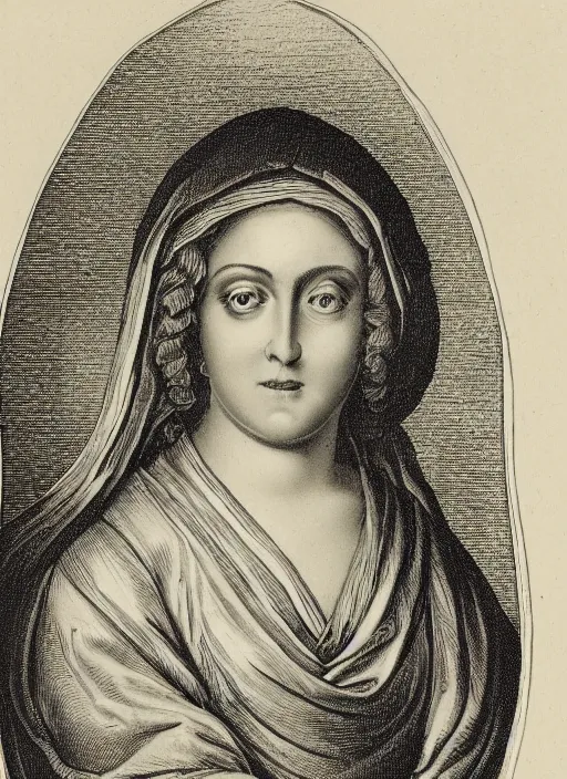 Prompt: an engraving of Madonna