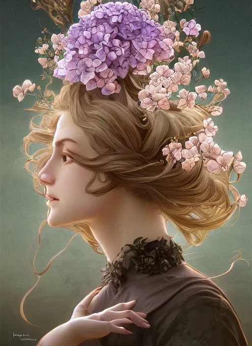 Image similar to a photographic portrait of a anthropomorphic hydrangea blossom, fantasy, wind blowing hair, intricate, elegant, highly detailed, digital painting, artstation, concept art, smooth, sharp focus, illustration, art by artgerm and h r giger and alphonse mucha