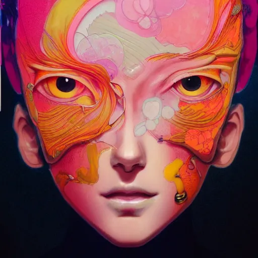 Image similar to prompt : pink and orange and yellow portrait soft light painted by james jean and katsuhiro otomo and erik jones, inspired by evangeleon anime, smooth face feature, intricate oil painting, high detail illustration, sharp high detail, manga and anime 1 9 9 9