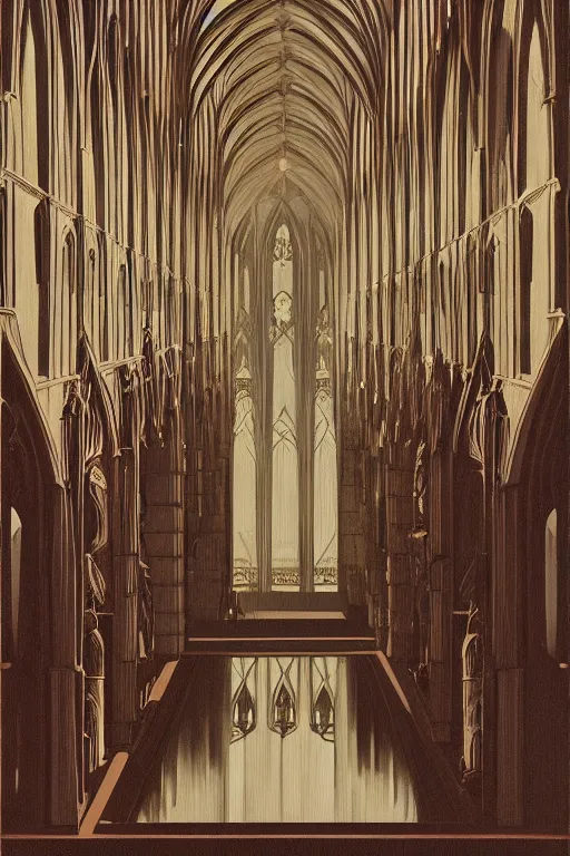 Prompt: scene from wes anderson gothic cathedral building by helen lundeberg