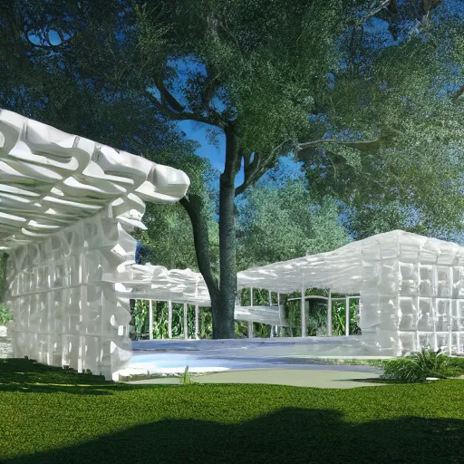 Image similar to evolving fractal, flowing white architectural Villa, futuristic 3D, voronoi pattern pavilion with magnolias on the roof, perforated shaders, sunrays through the pavilion structure, lush botanical trees, prairie landscaping, sunrise, golden hour, illuminated pool, fluffy clouds