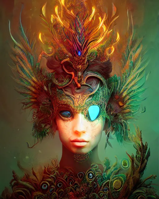 Prompt: intricately detailed dragon priestess mask adorning flowery horns and ancient peacock feathers, liquid smoke, shattered glass, underwater glow, ross tran, ismail inceoglu, sylvain sarrailh