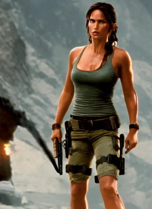 Image similar to film still of Lara Croft in Die Hard, thicc body, large chest, cinematic shot, 4k