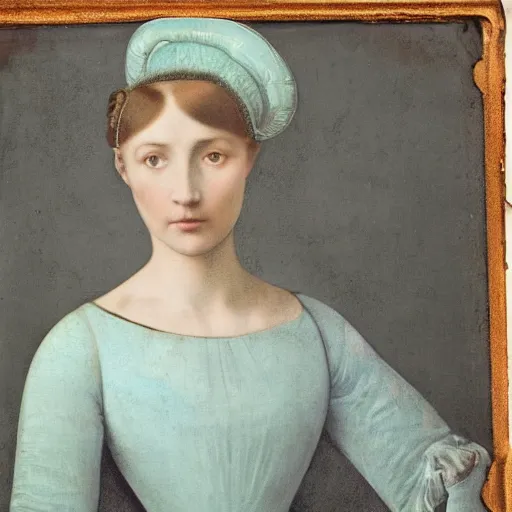 Prompt: portrait of a beautiful young lady with silver eyes, colored daguerreotype, by pontormo, by Mackintosh, by Bosch, art noveau, liminal, Bright pastel colors