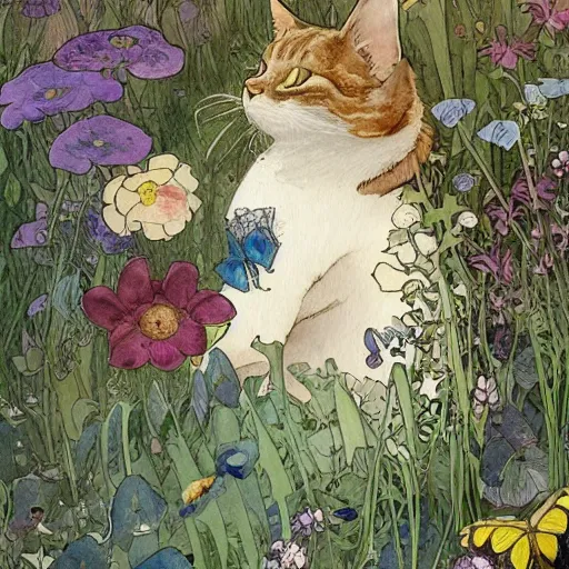 Prompt: a beautiful intricate watercolor illustration of a cat sleeping in the flover garden, butterflies,, watering can, 4 k, ultra - wide angle, by william turner, by victo ngai, by alphonse mucha, by miho hirano, by moebius, hd, trending on artstation, hyper detailed, muted intense colors