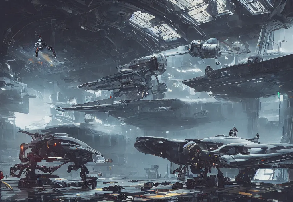 Image similar to futuristic space captain in a hangar, cyborg, Detailed, 8k, sci-fi, panel, concept, simon stalenhag ,syd mead, insane detail, ash thorp, kyza, cyberpunk, collection