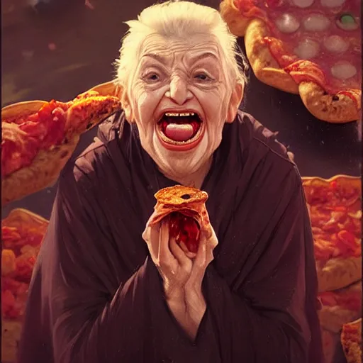 Image similar to portrait of evil grandma opening his mouth to eat pizza, highly detailed, digital painting, artstation, concept art, sharp focus, illustration, art by artgerm and greg rutkowski and alphonse mucha