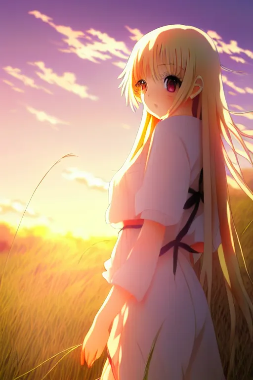 Anime, Young Female, Long Blonde Hair and Large Eyes, Golden Hour Sunset  Lighting Poster 