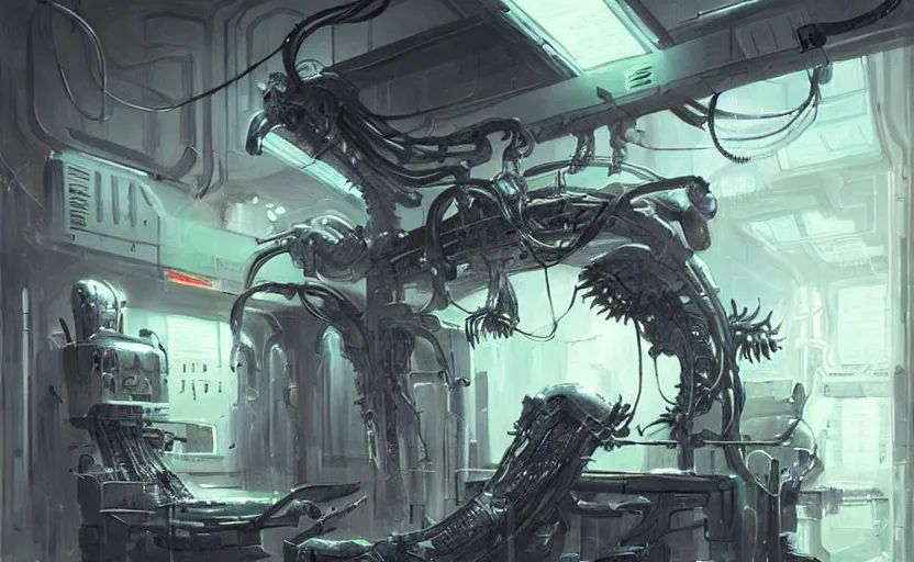 Image similar to neon surgery machine nobody cyberpunk futuristic, in a white room, art by giger, greg rutkowski