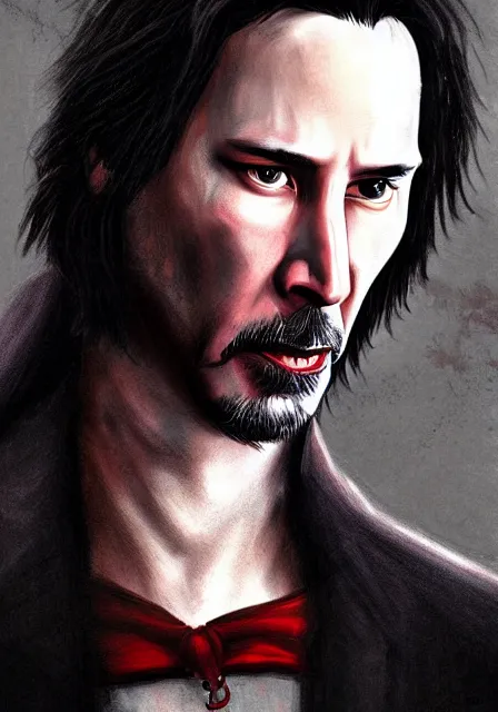 Image similar to keanu reeves as dracula, highly detailed, digital painting, artstation, concept art, smooth, sharp focus, illustration