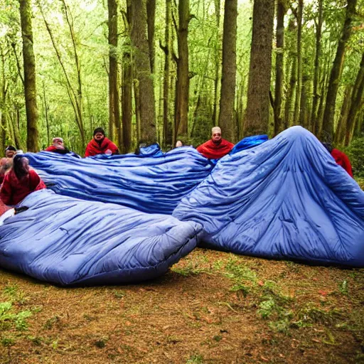 Image similar to a pack of wolves encircling a sleeping bag in a forest