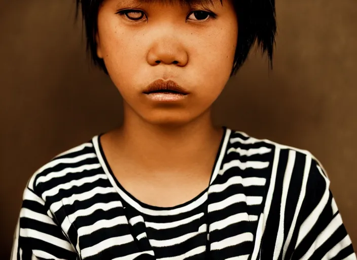 Image similar to closeup portrait of a young expressive malaysian tomboy woman, pouting, futuristic hairstyle, tank top with black and white stripes, long sleeves, portra 4 0 0 candid photograph portrait by annie leibovitz, 3 5 mm macro shot, f / 3 2, hyperrealistic, cinematic lighting, hd wallpaper, 8 k, 4 k