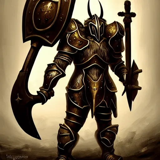 Prompt: Giant minotaur humanoid beast warrior with two handed axe, horned helmet, concept art, heavy knight golden armor, paladin, hyperrealism, high details, digital painting, dark fantasy