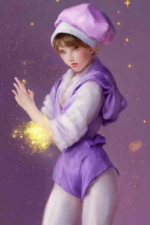 Image similar to Full View girl with short blond hair wearing an oversized purple Beret, Baggy Purple overall shorts, Short Puffy pants made of silk, silk shoes, a big billowy scarf, Golden Ribbon, and white leggings Covered in stars. Short Hair. peasant magic. masterpiece 4k digital illustration by Ruan Jia and Mandy Jurgens and Artgerm and william-adolphe bouguereau, award winning, Artstation, art nouveau aesthetic, Alphonse Mucha background, intricate details, realistic, panoramic view, Hyperdetailed, 8k resolution, intricate art nouveau