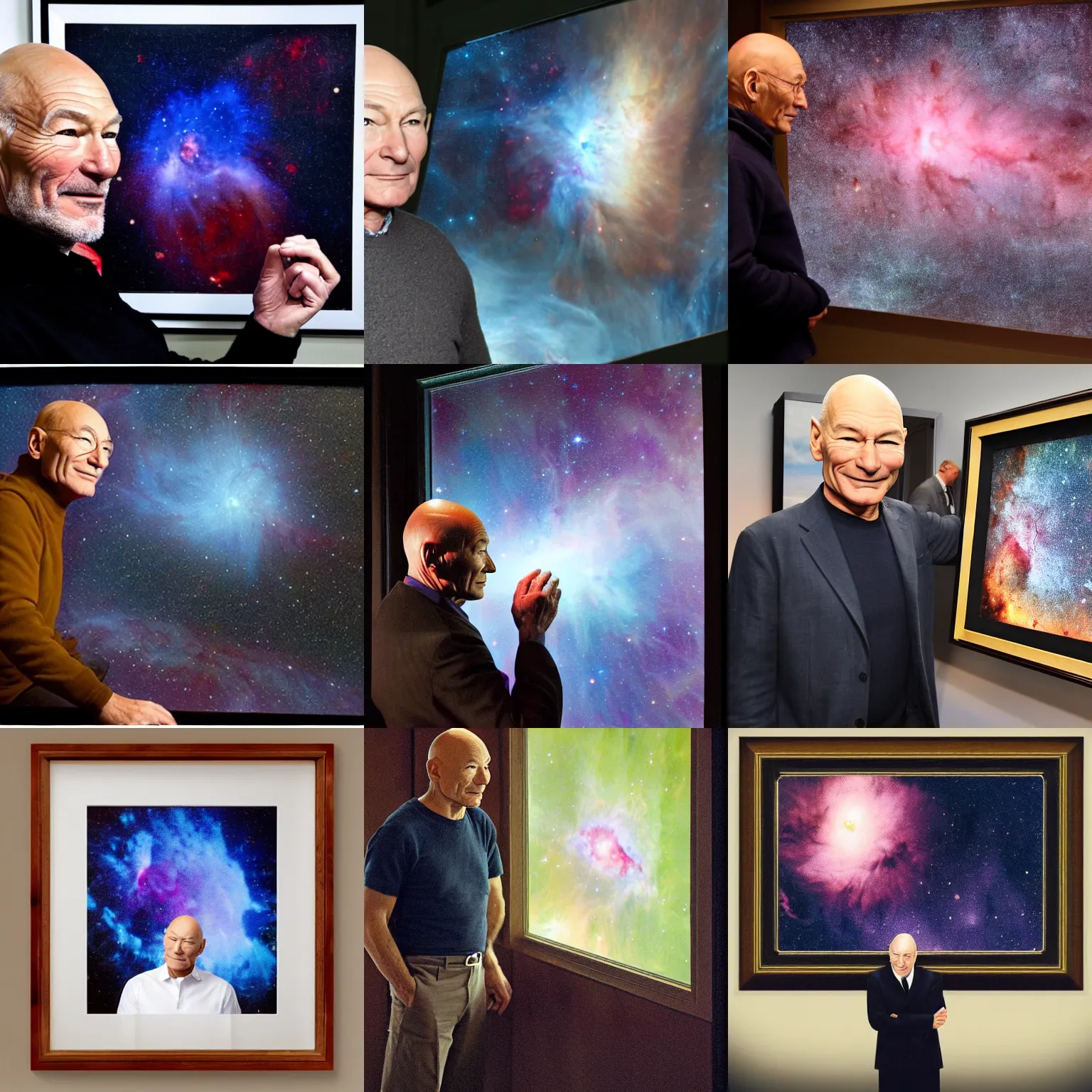 Prompt: patrick stewart looking at a nebula framed outside a window