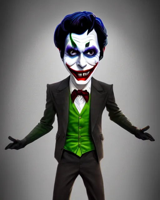 Prompt: an epic comic book style full body portrait painting of a joker with black hair, elegant, character design by Mark Ryden and Pixar and Hayao Miyazaki, unreal 5, DAZ, hyperrealistic, octane render, cosplay, RPG portrait, dynamic lighting, intricate detail, summer vibrancy, cinematic
