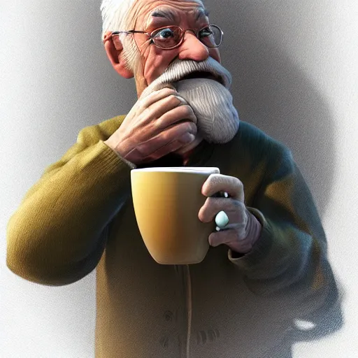 Image similar to old man sitting on a chair drinking coffee, by etienne hebinger, cgsociety, fantasy art, 2 d game art