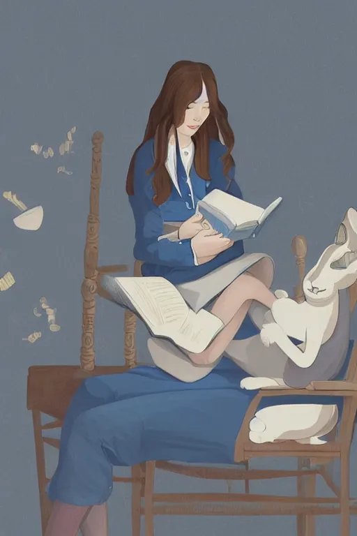 Image similar to a digital painting of a girl reading a book with a cat in A comfortable study room at night,blue and grey theme,JK uniform ,Hairdryer,blue theme,S line, by anmi and reoenl and krenz and wlop