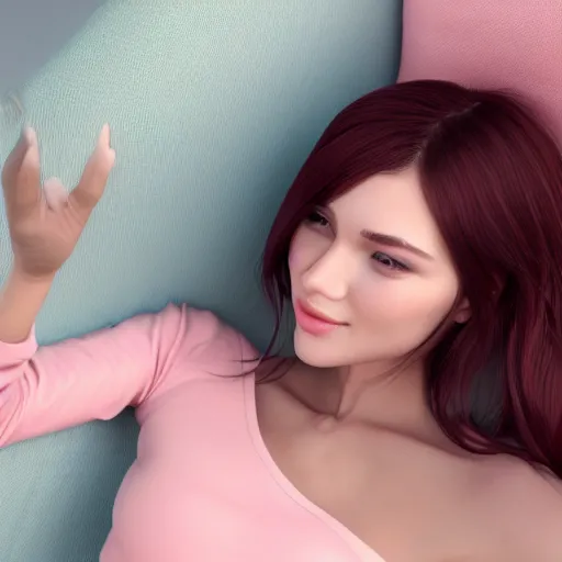 Prompt: 3 d render of a cute thin young woman, red blush, wearing casual clothes, small smile, relaxing on a couch, cuddling up under a blanket, cozy living room, medium shot, 8 k, octane render, trending on artstation, art by artgerm, unreal engine 5, hyperrealism, hyperdetailed, ultra realistic