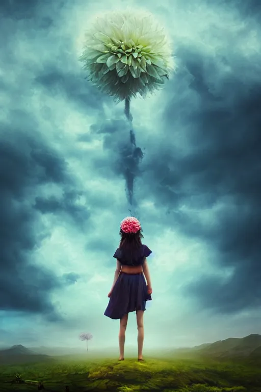 Prompt: closeup giant dahlia flower over head, girl standing on mountain, surreal photography, blue storm clouds, dramatic light, impressionist painting, digital painting, artstation, simon stalenhag